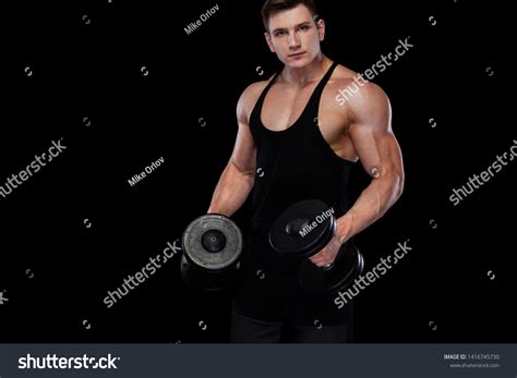 Muscular Fitness Sports Man Atlete Dumbbell Stock Photo