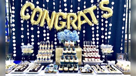 Graduation Party Desserts Blue White Gold Graduation Buffet Table