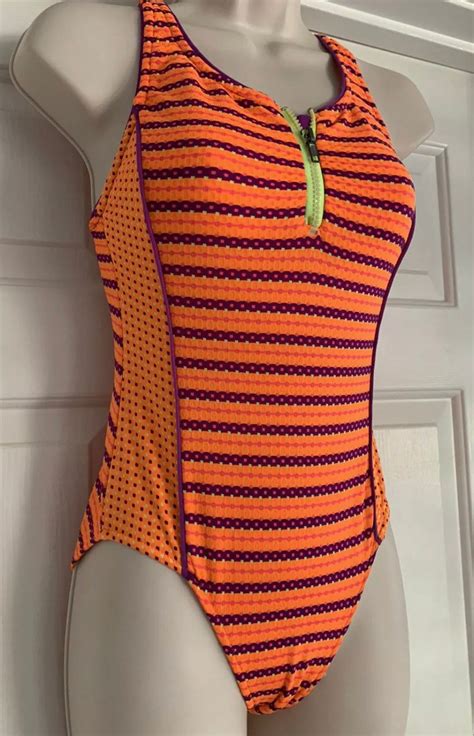 Vintage Gottex 80s Bright Orange Neon Striped One Piece Etsy