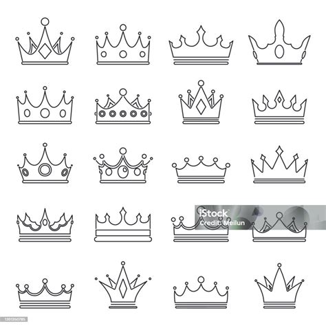 Lineart Medieval Royal Crown Queen Monarch King Lord Outline Icons Set