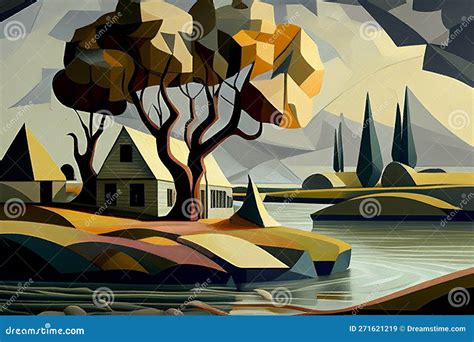 Landscape In Cubism Style Abstract Background Generative Ai Stock