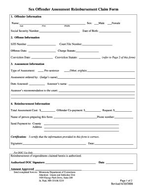 Fillable Online Sex Offender Assessment Reimbursement Claim Form