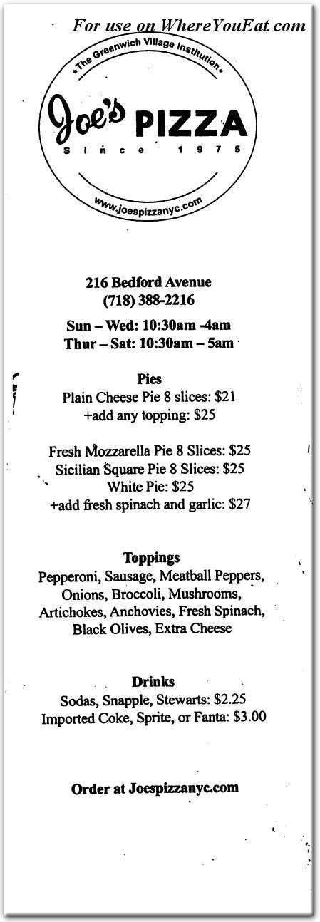 Joe S Pizza Restaurant In Brooklyn Menus Photos