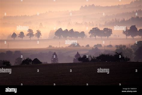 Autumn foggy and misty sunrise landscape Stock Photo - Alamy