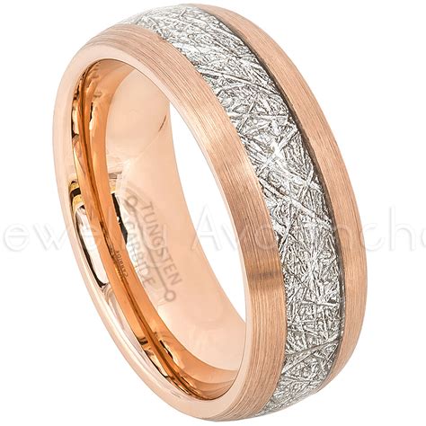 2 Tone Dome Tungsten Wedding Band With Meteorite Inlay 8mm Brushed