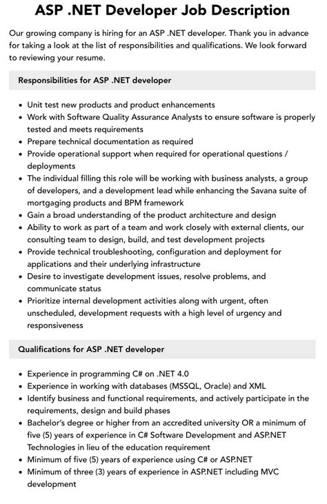 Aspnet Developer Roles And Responsibilities