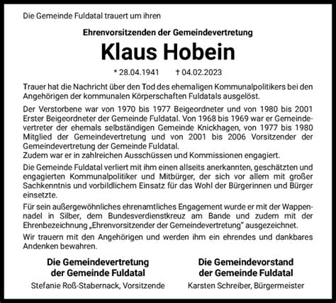 Traueranzeigen Von Klaus Hobein Trauer HNA De