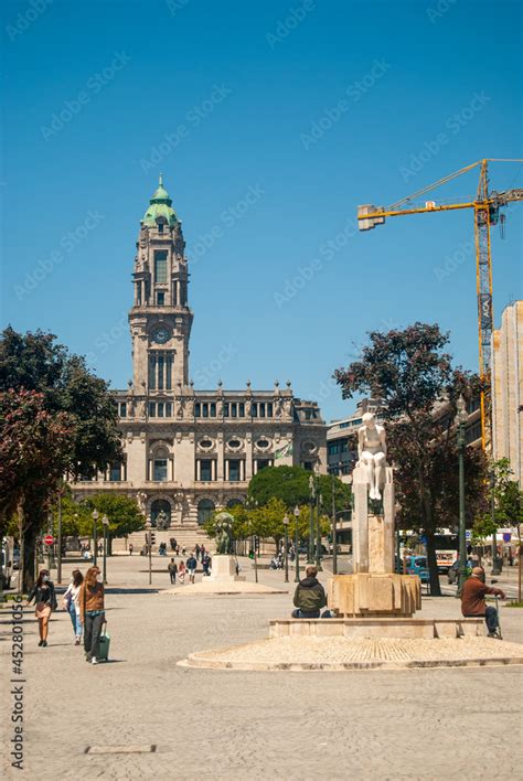 Porto City Hall In The Avenida Dos Aliados And A Statue Of A Naked