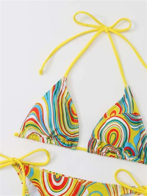 Shein Swim Vcay Fluid Pattern Bikini Set Halter Micro Triangle Bra Top