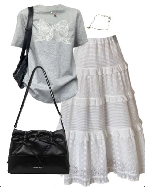 Ootd Short Sleeve Tee Maxi Skirt Aesthetic Bow Solid Color Leather