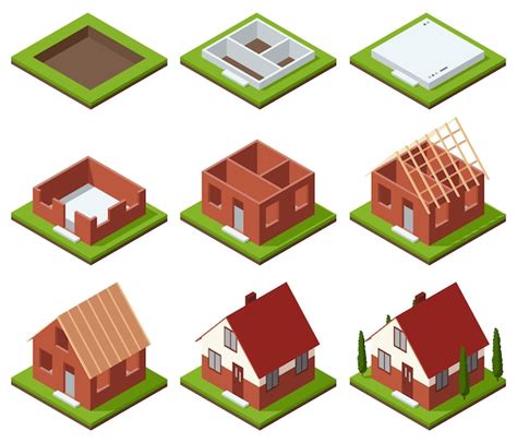 Premium Vector House Construction Isometric Set Stagebystage Visualization Of Modern Building