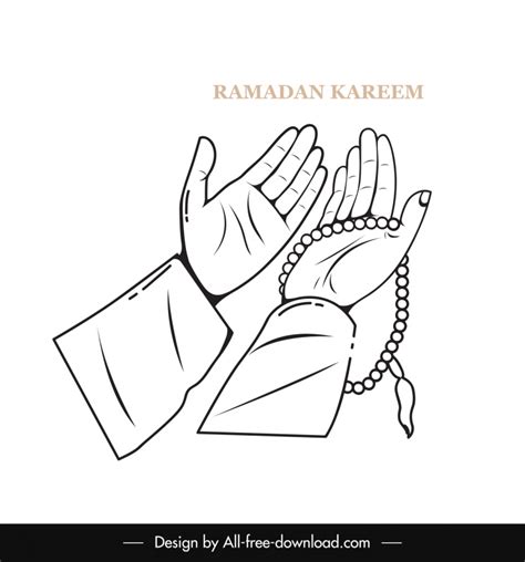 Islam Praying Hands Icons Black White Flat Handdrawn Outline Vectors