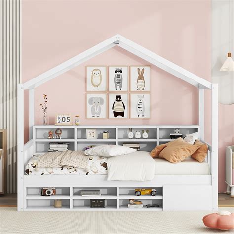 Storage Bed For Kids, Wood Playhouse Bed Frame With Headboard, Shelves ...