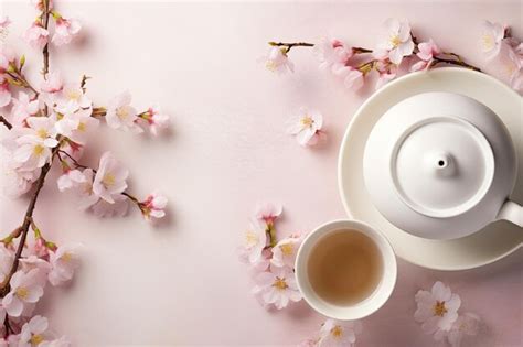 Premium AI Image | White tea cups and teapot for Spring Tea ceremony ...