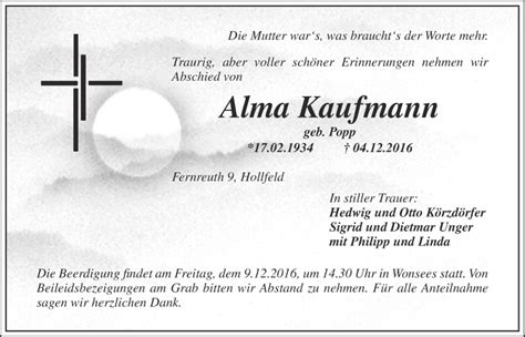 Traueranzeigen Von Alma Kaufmann Nordbayerischer Kurier