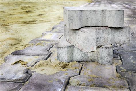 Paving Bricks Lie On A Pallet Ready For Construction Work Stock Photo