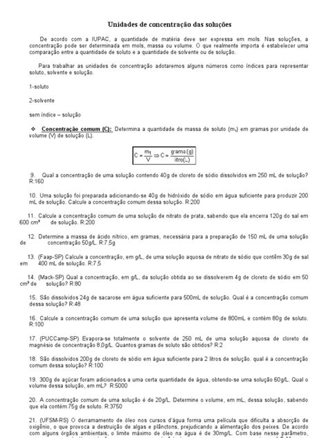 Exercício Sobre Concentração De Soluções - Exercícios sobre Concentração de Soluções | PDF | Solução | Concentração