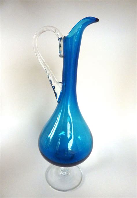 Vintage Blue Art Glass Pitcher Vase Hand Blown Italian Glass Etsy