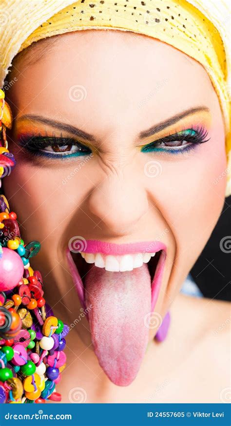 Excited Woman Tongue Out Stock Image Image Of Headband 24557605