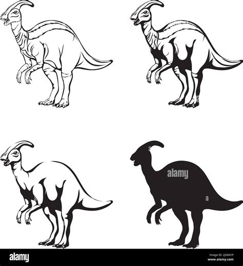 Parasaurolophus Imagen Realista De Dinosaurio Vector Posiciones Ilustración Blanco Y Negro