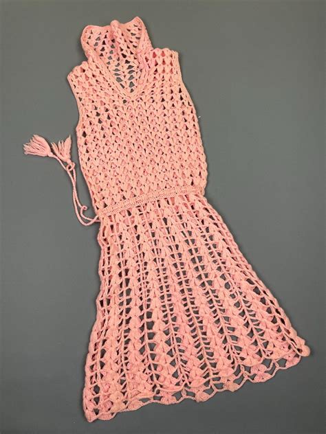 Amazing 1960s Pastel Pink Knit Crochet Mini Dress Boardwalk Vintage