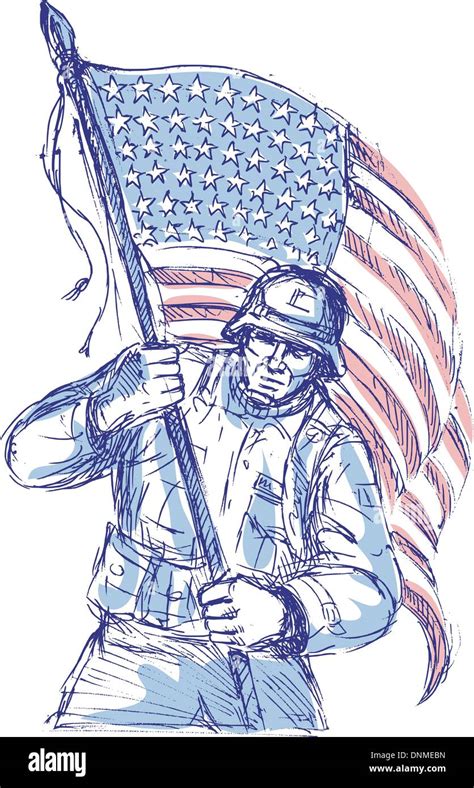 hand drawn sketch of an American soldier in full battle gear carrying ...