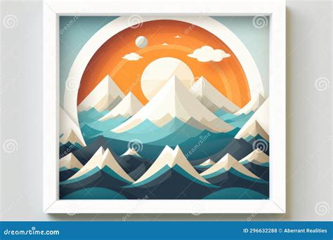 An Art Print with Mountains and Sun in the Background Stock ...