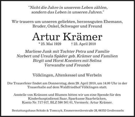 Traueranzeigen Von Artur Kr Mer Saarbruecker Zeitung Trauer De