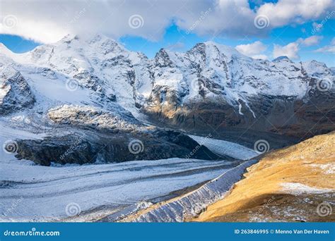 Great Wide Angle View Of The Morteratsch Glacier Switzerland Stock