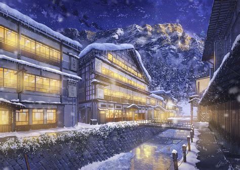 Wallpaper ID: 98453 / anime, night, mountains, building, snow, winter ...