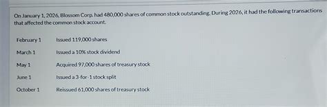 Solved On January 1 2026 Blossom Corp Had 480 000 Shares Chegg