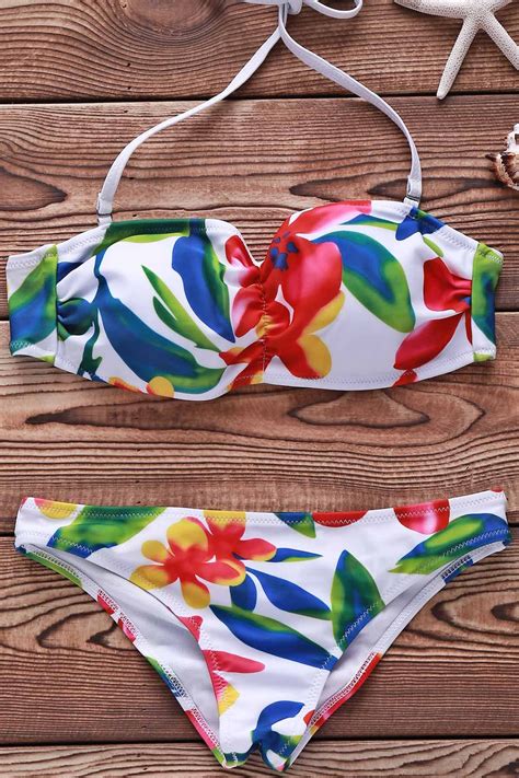 Flower Print Spaghetti Straps Bikini Set For Women White Bikinis