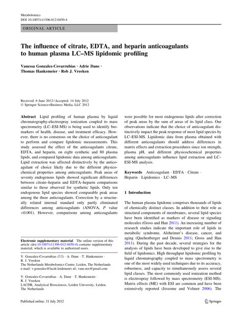 Pdf The Influence Of Citrate Edta And Heparin Anticoagulants To Human Plasma Lc Ms Lipidomic