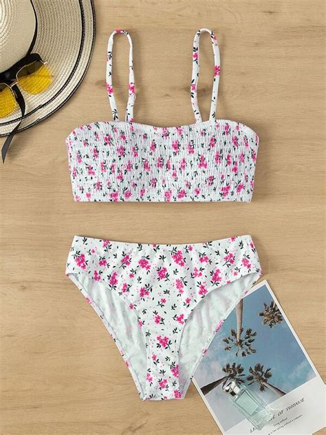 Floral Print Smocked Bikini Swimsuit SHEIN USA