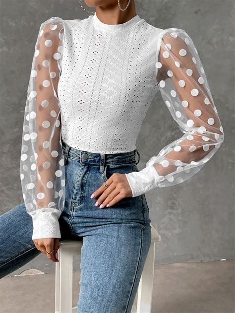 Contrast Dobby Mesh Lantern Sleeve Mock Neck Eyelet Embroidery Top