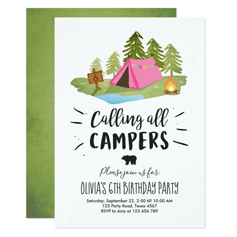 Camping Tent Invitation Birthday Camp Out Girl Zazzle Camping