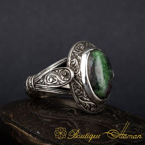 Oval Ruby Zoisite Hand Engraved Ring Boutique Ottoman Exclusive