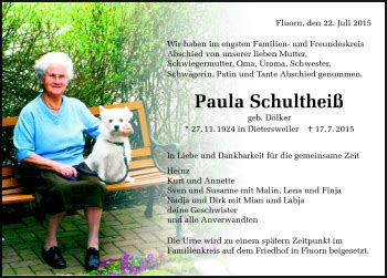 Traueranzeigen von Paula Schultheiß Schwarzwälder Bote Trauer