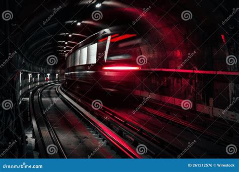 Long Exposure Of A Train Driving Underground Illuminated By Red Lights