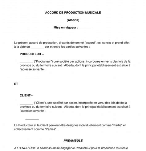 Accord de Production Artistique Modèle Word et PDF