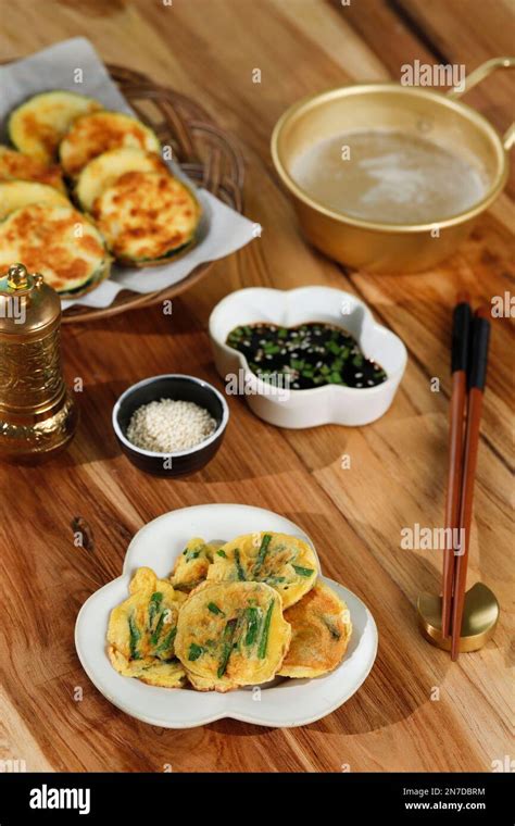 Homemade Korean Pajeon Scallion Pancake with Dipping Sauce, Served with Korean Traditional ...