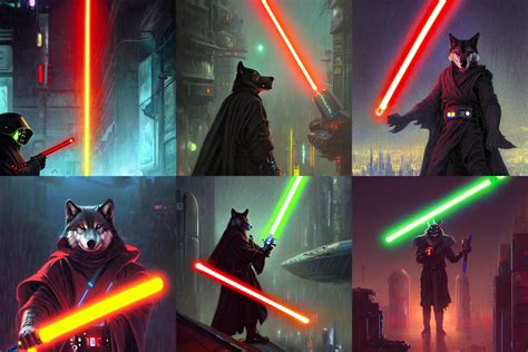 A Anthropomorphic Wolf In Black Jedi Robes Wielding A Stable