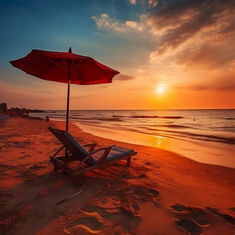 Premium Ai Image Scenic Sunset Beach Sun Lounger And Umbrella By The