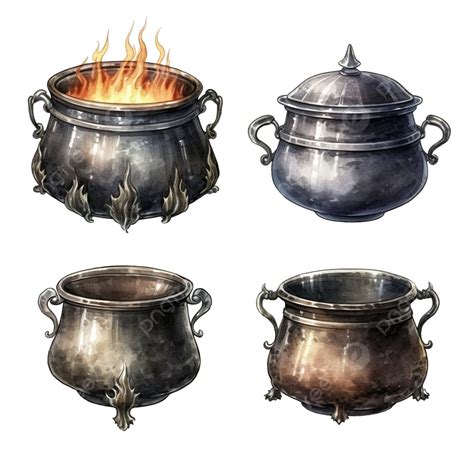 Set Of Fantasy Witch Cauldron Steel Black Cauldron Watercolor