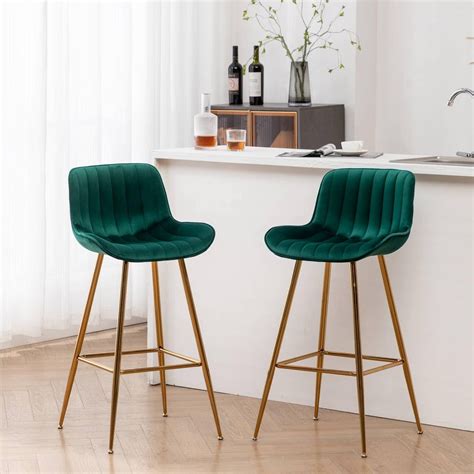 U Tobe Gold Bar Stools Set Of 2 Green Velvet Bar Height Stools，island Chairs In 30 Inch