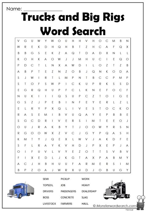 Trucks And Big Rigs Word Search Word Seach Word Find Word Search