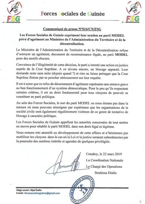 Agrément refusé au parti MoDeL les Forces sociales de Guinée