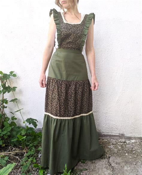 Vintage Cotton Pinafore Apron Long Maxi Boho Ruffle Floral Etsy