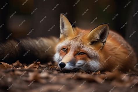 Premium Ai Image A Close Up Of A Fox Laying On The Ground In The