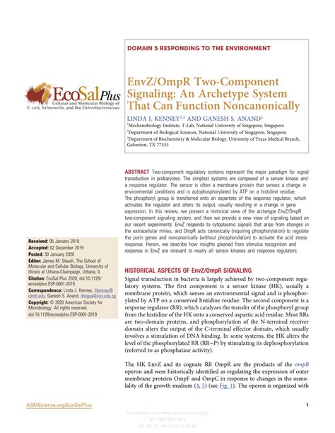 Pdf Envz Ompr Two Component Signaling An Archetype System That Can